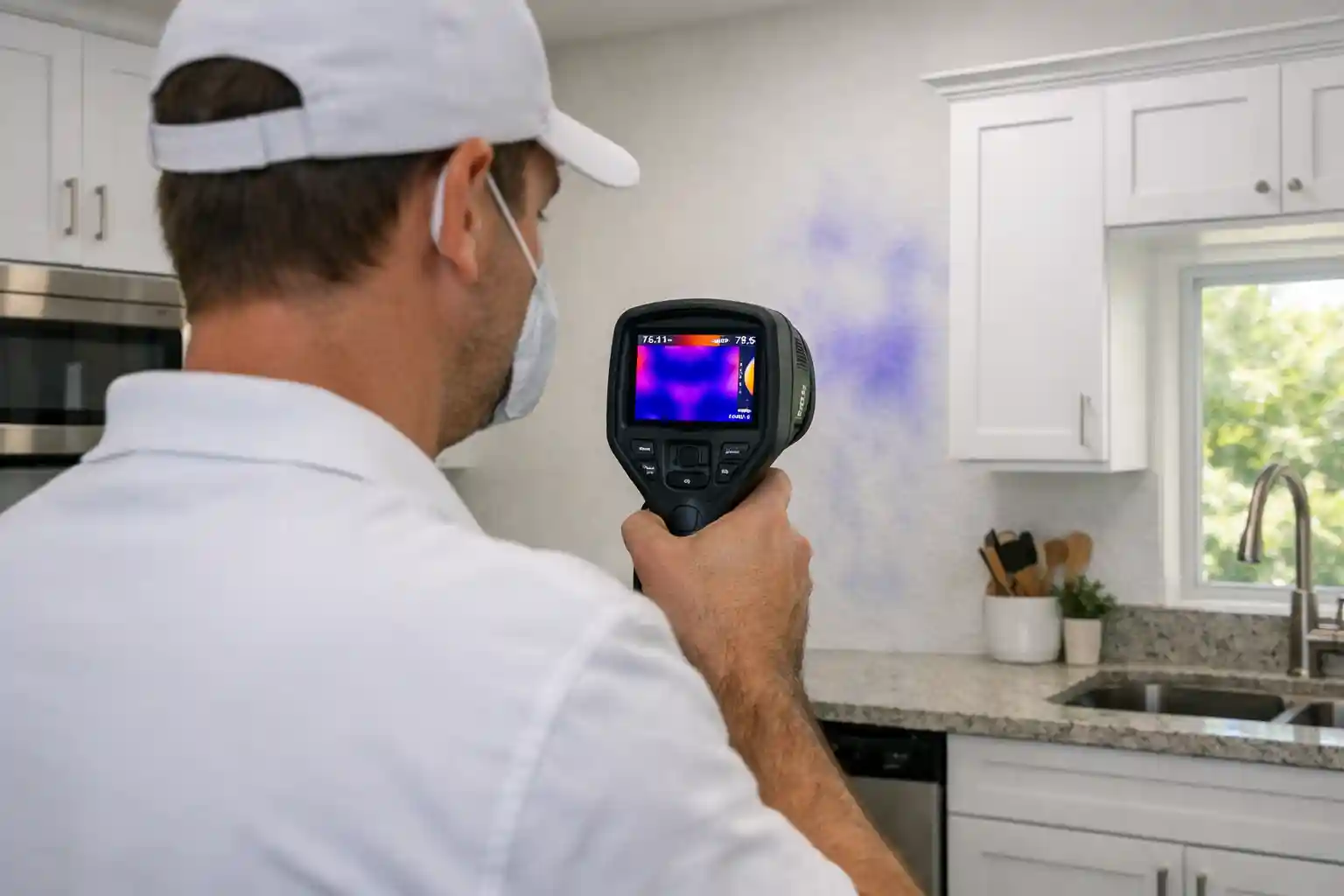 Inspector with a clipboard evaluating results using restoration equipment.