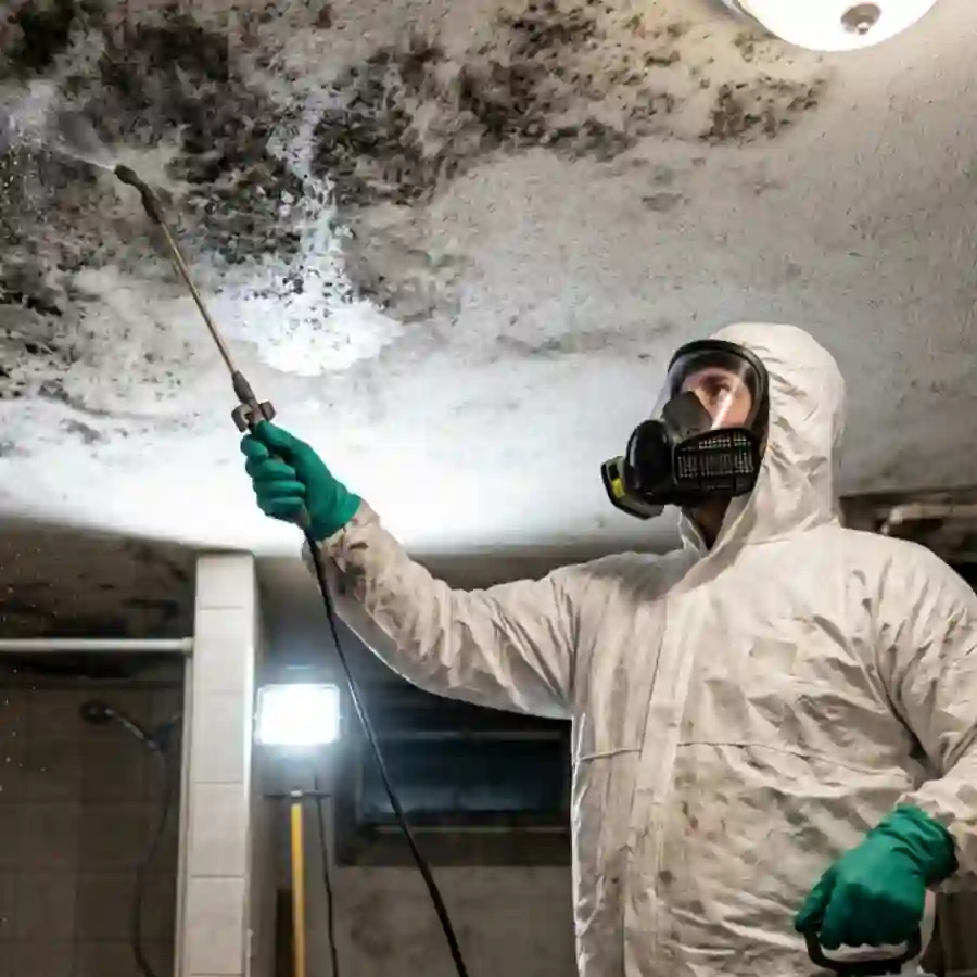 Technician in protective gear performing safe mold remediation on ceiling in Boca Raton FL.
