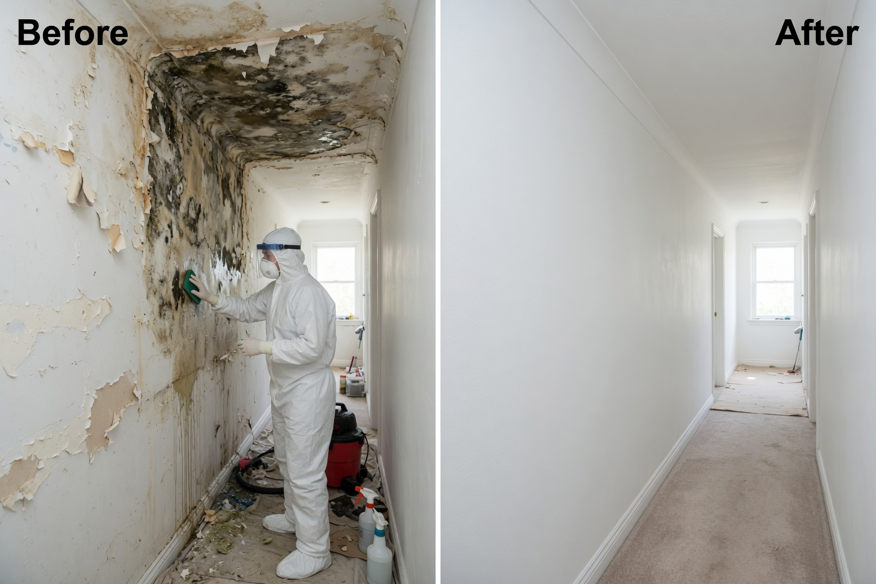 Affordable mold remediation service restoring Delray Beach hallway after severe damage.