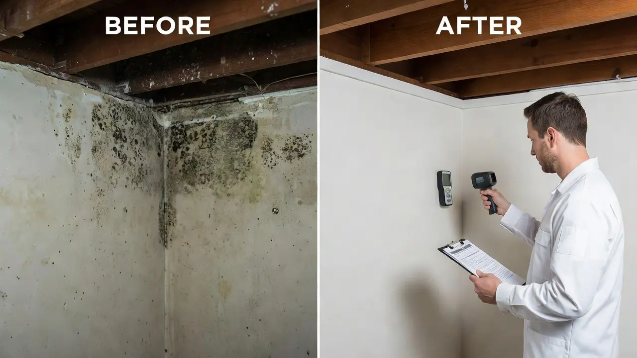 Before and after professional mold inspection and remediation in Boca Raton FL basement.