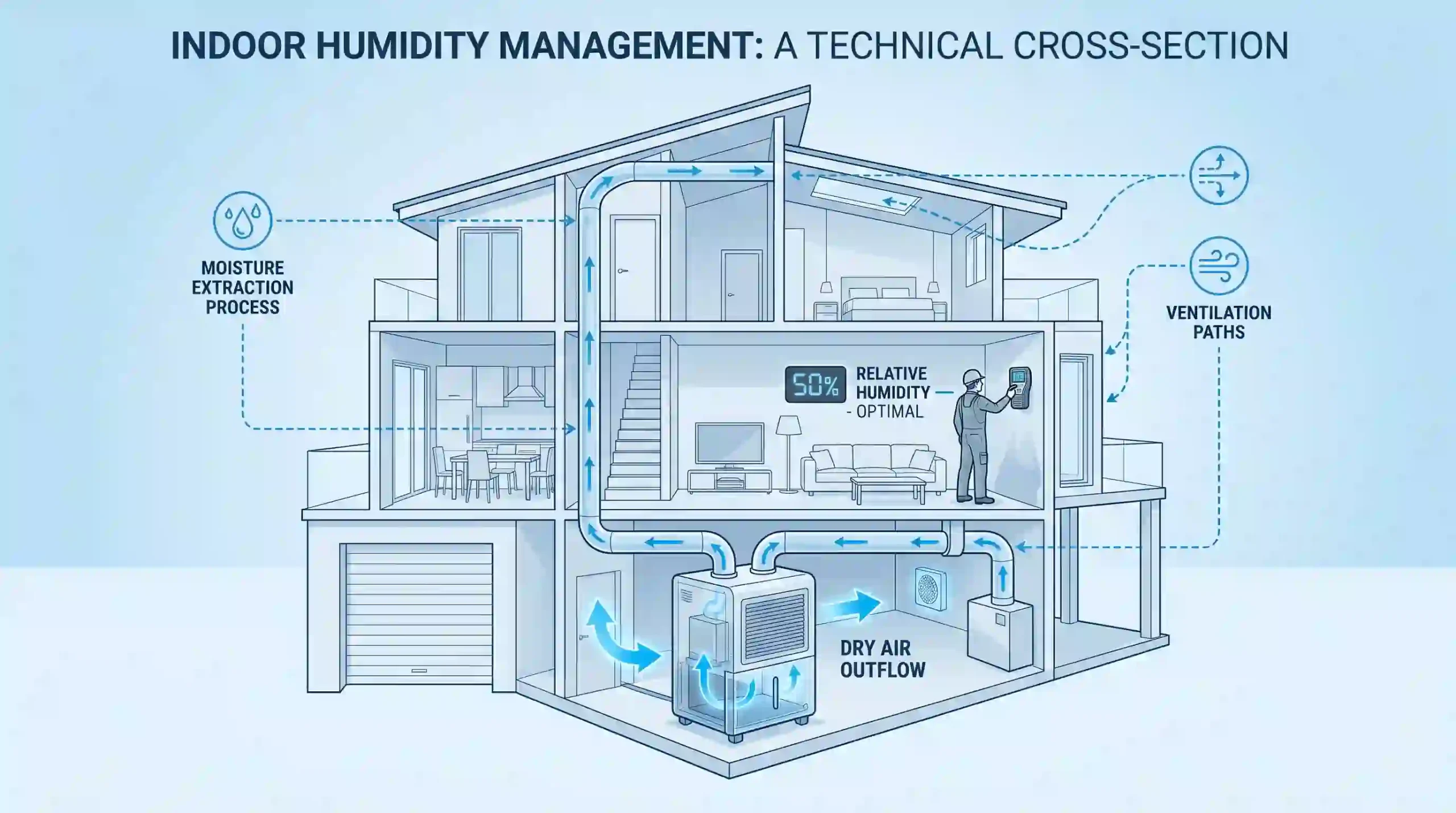 Illustration showing moisture control methods in a Coconut Creek, FL home with ventilation and humidity management.