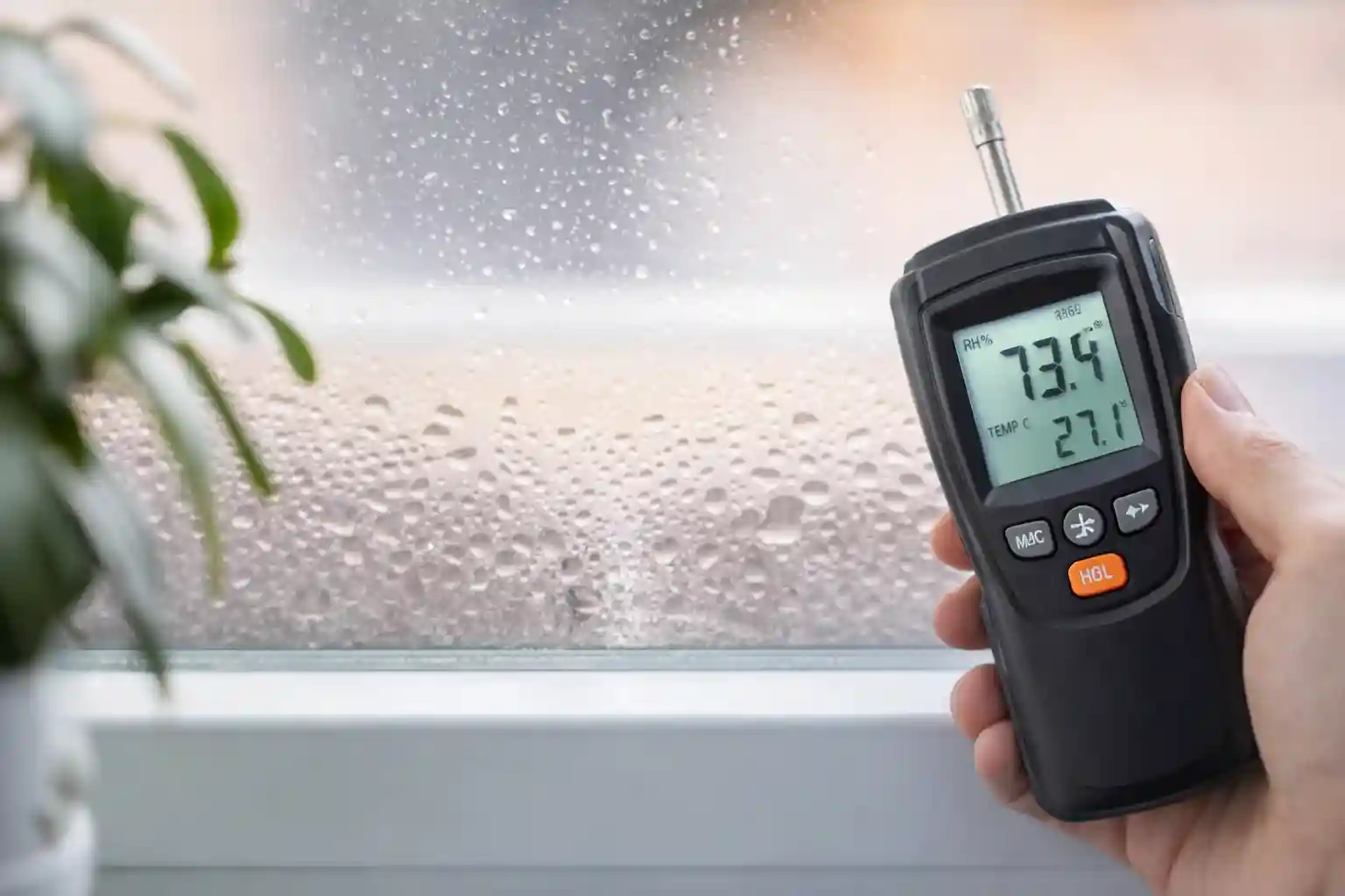 Digital hygrometer measuring high indoor humidity near condensation‑covered window in Deerfield Beach FL .