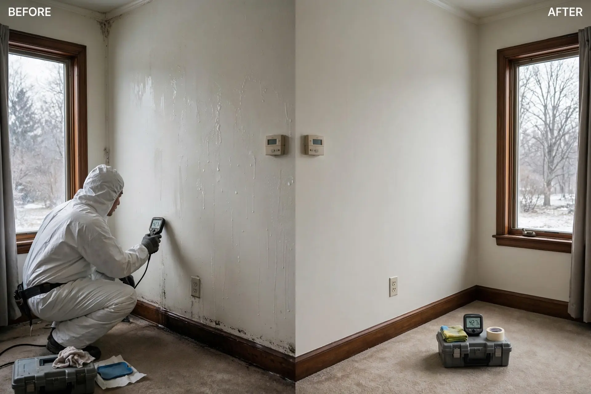 Before and after moisture control service in Delray Beach home showing wall restoration.