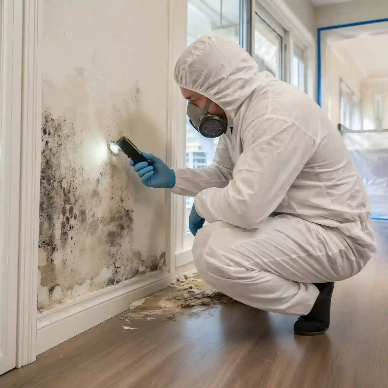 A professional technician performing mold cleanup on a damaged interior wall in a Boca Raton, Florida home.