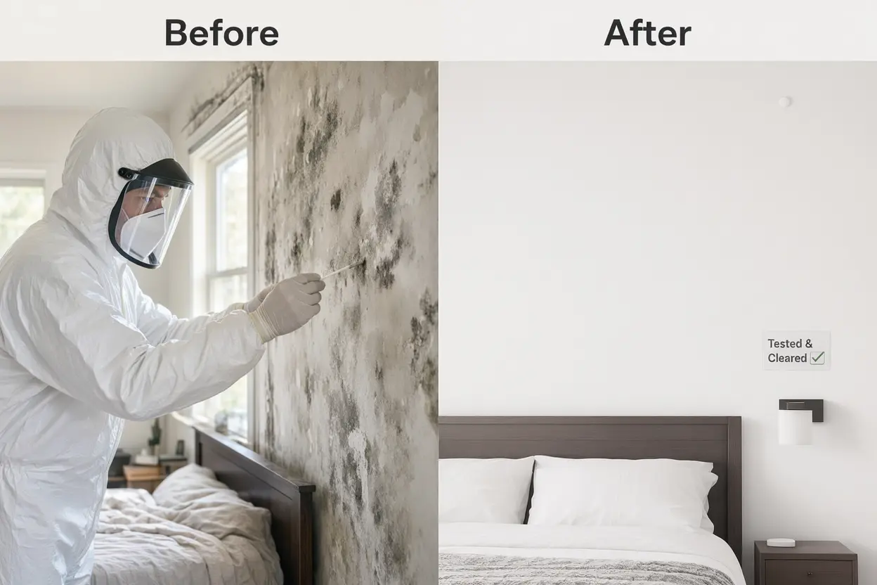 Before and after mold inspection and remediation in a Boca Raton, FL bedroom.