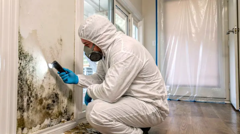 Inspector in protective gear examining wall with flashlight during mold inspection in Hillsboro Beach, FL.