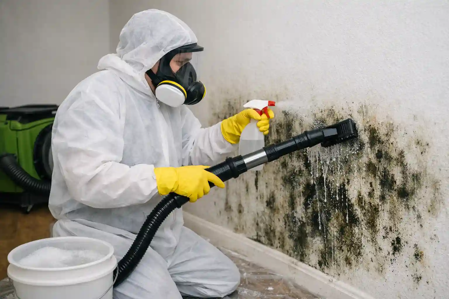 Professional technician removing mold from an interior wall during a mold removal and remediation project in Boynton Beach, Florida.
