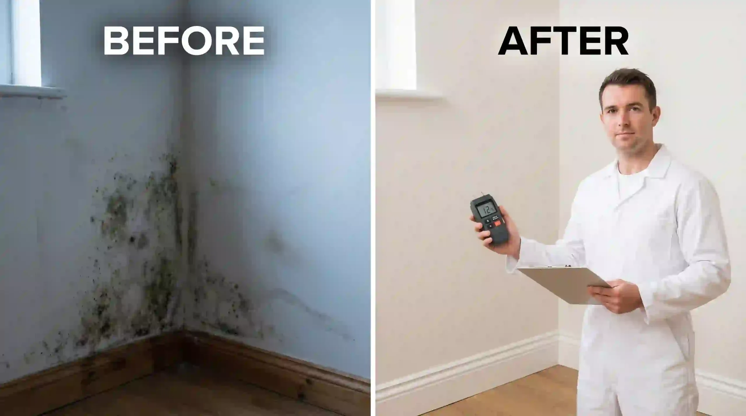 Before and after image of mold removal and remediation completed in a Broward County property, showing successful restoration.