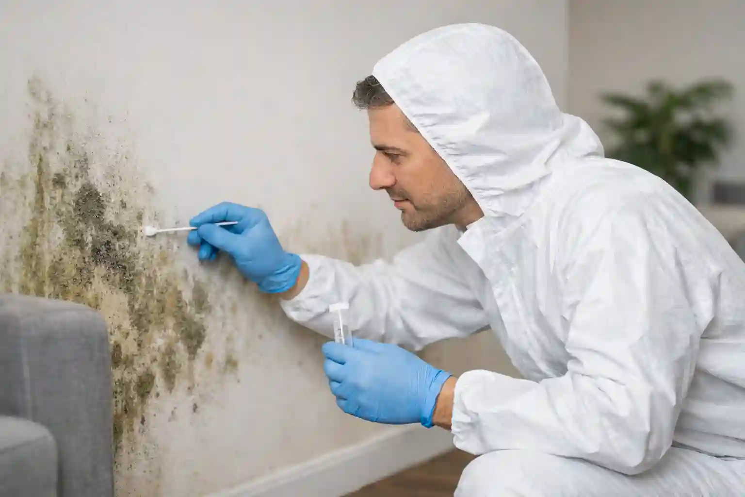 A technician is collecting a wall surface sample for professional mold testing in a Broward County property.