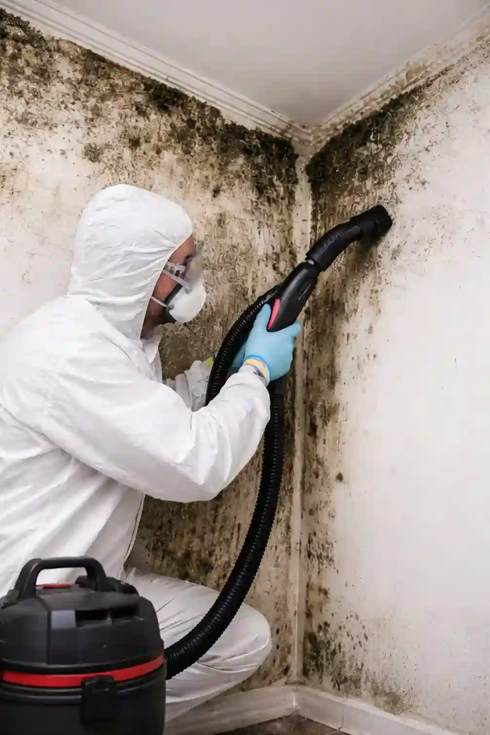 A technician is using HEPA vacuum equipment to remove heavy mold growth from interior walls in a Coconut Creek, FL home.