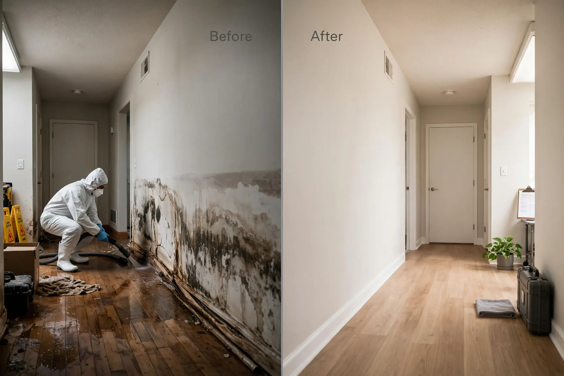 Water damage restoration technicians drying a flood-damaged home in Coconut Creek, FL.