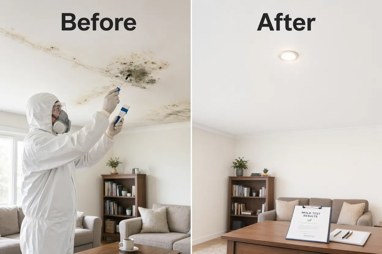 Before and after professional mold testing and remediation in the Boca Raton, FL living room.
