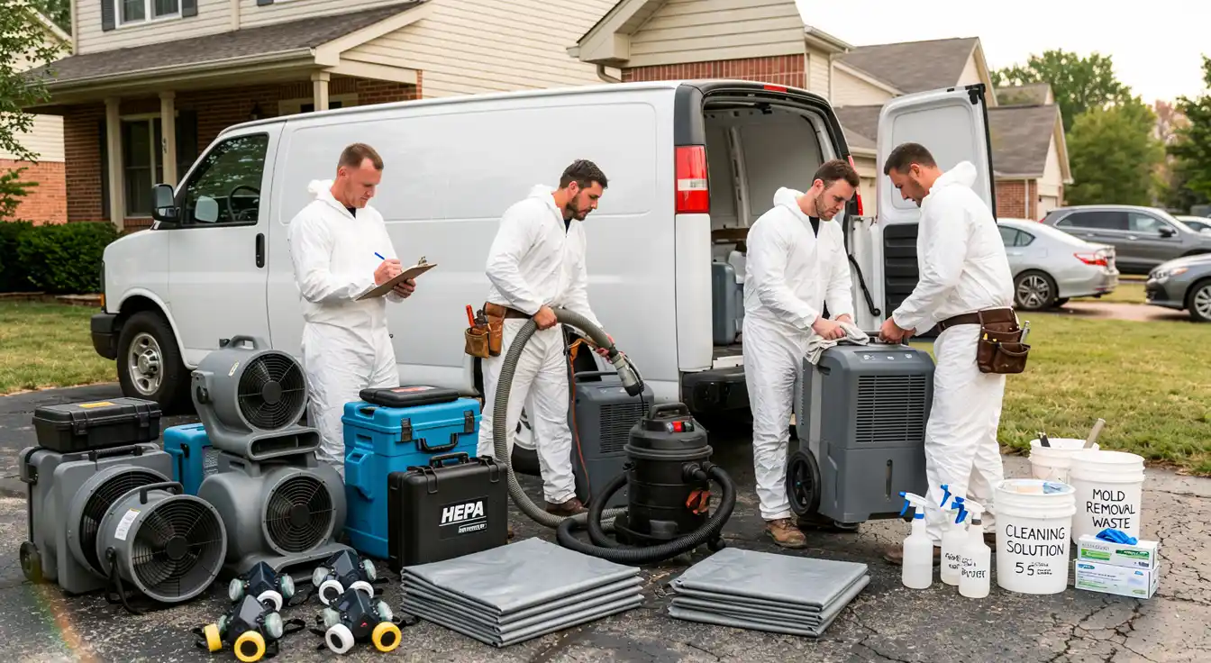 An affordable mold removal service team in Boca Raton, FL, preparing professional remediation and drying equipment outside a residential property.